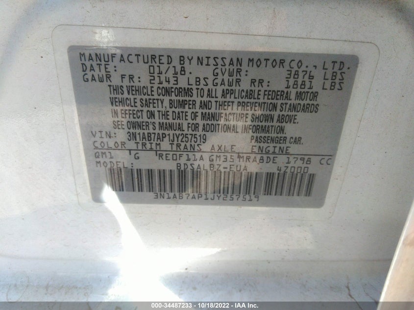 VIN 3N1AB7AP1JY257519 2018 NISSAN SENTRA S
