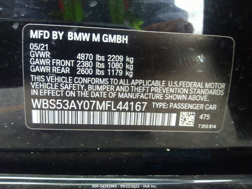 2021 BMW M3 WBS53AY07MFL44167