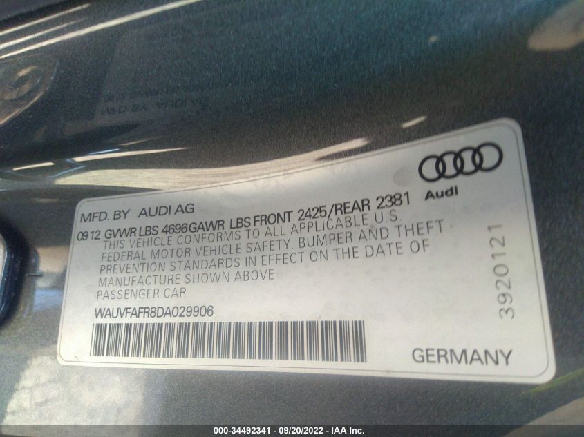 2013 AUDI A5 PRESTIGE WAUVFAFR8DA029906