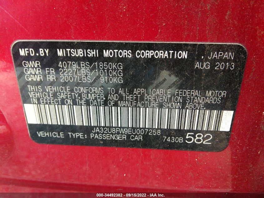 2014 MITSUBISHI LANCER GT JA32U8FW9EU007258
