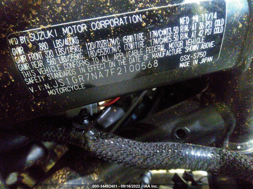 2015 SUZUKI GSX-S750 JS1GR7NA7F2100568