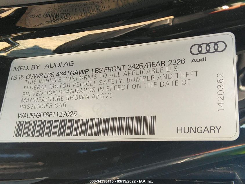 2015 AUDI S3 2.0T PRESTIGE WAUFFGFF8F1127026