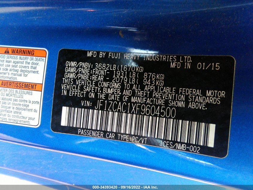 2015 SUBARU BRZ LIMITED JF1ZCAC1XF9604500