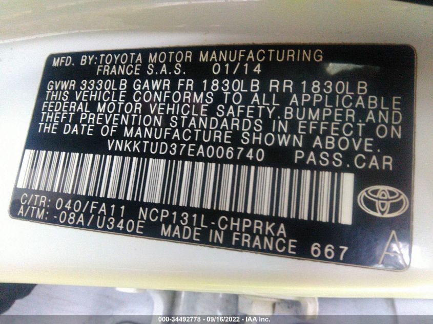 2014 TOYOTA YARIS L/LE VNKKTUD37EA006740