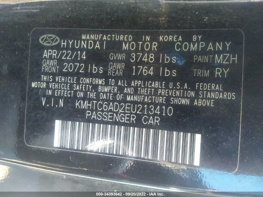 2014 HYUNDAI VELOSTER - KMHTC6AD2EU213410