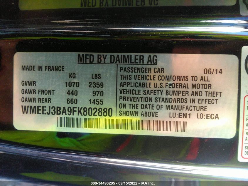 2015 SMART FORTWO PASSION/PURE WMEEJ3BA9FK802880