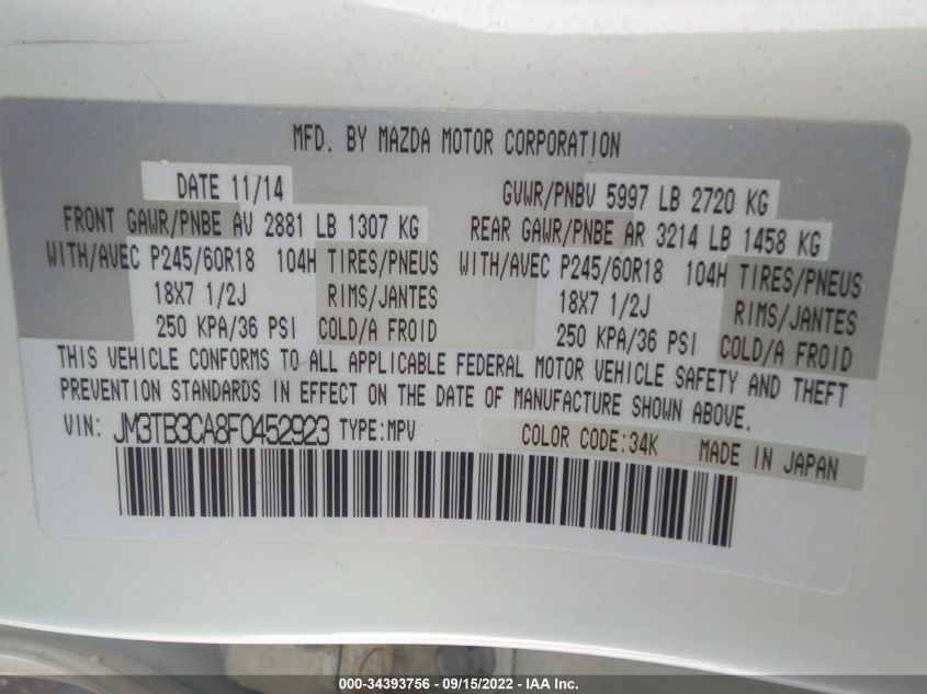 2015 MAZDA CX-9 TOURING JM3TB3CA8F0452923