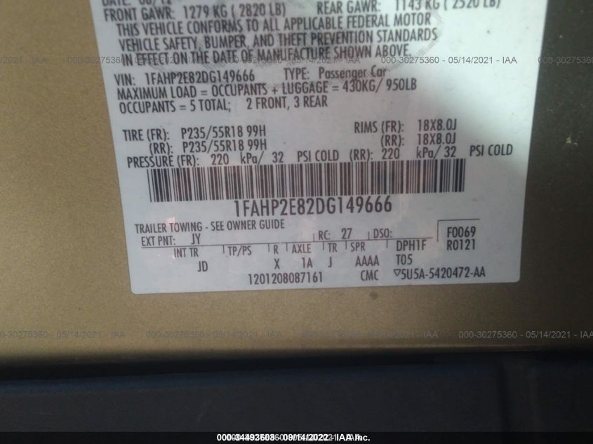 2013 FORD TAURUS SEL 1FAHP2E82DG149666