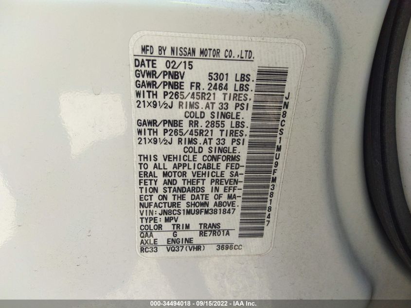 2015 INFINITI QX70 JN8CS1MU9FM381847