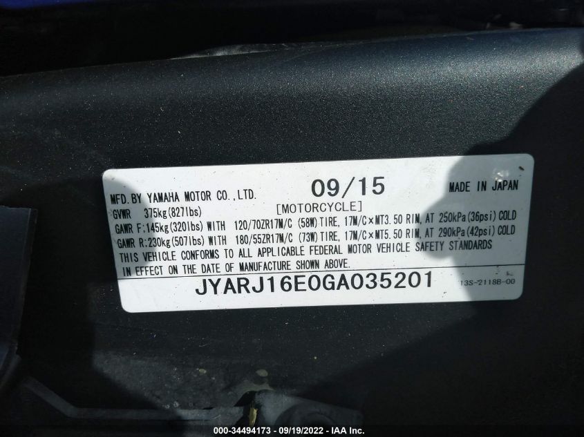 2016 YAMAHA YZFR6 JYARJ16E0GA035201