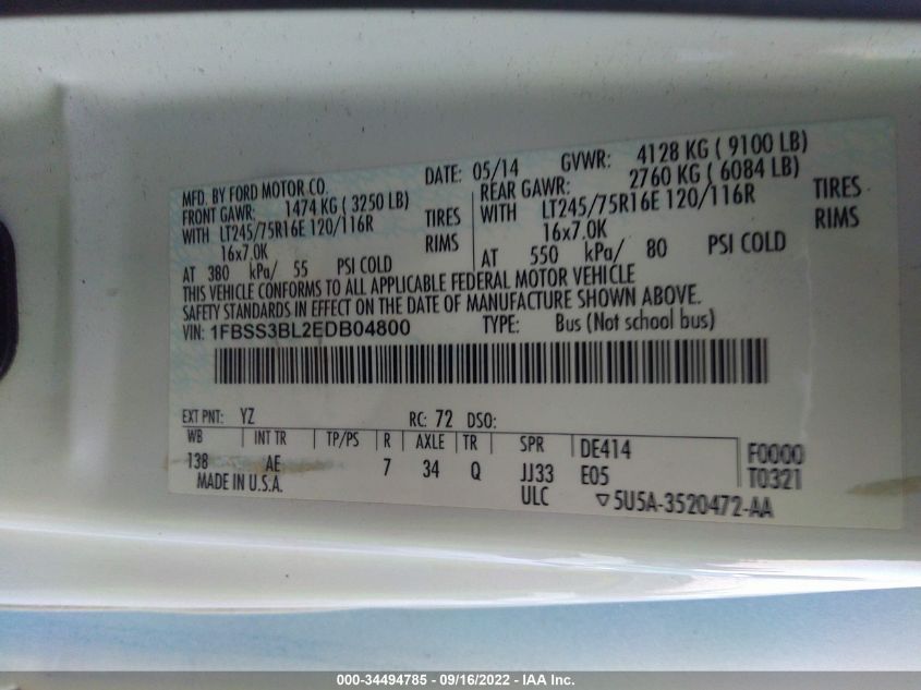 2014 FORD ECONOLINE WAGON XL/XLT 1FBSS3BL2EDB04800