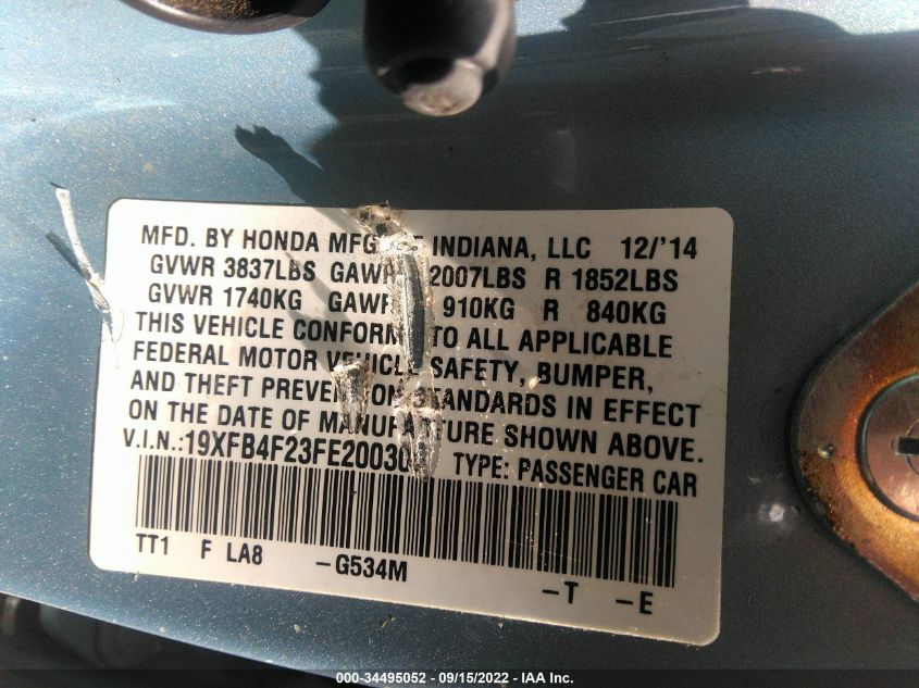 2015 HONDA CIVIC HYBRID 19XFB4F23FE200309