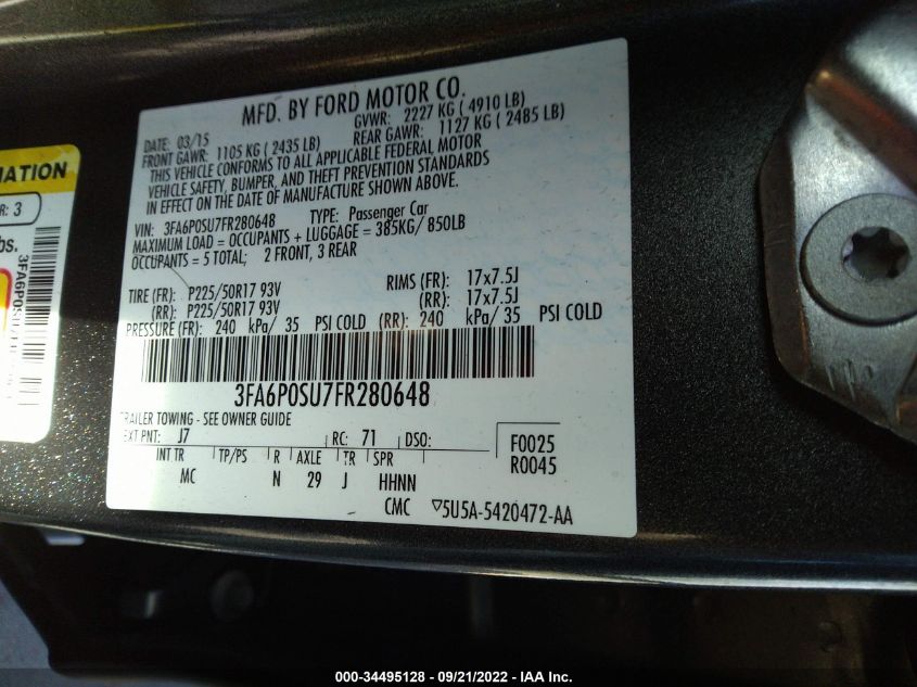 2015 FORD FUSION ENERGI TITANIUM 3FA6P0SU7FR280648