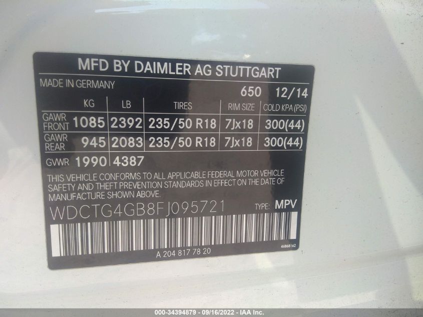 2015 MERCEDES-BENZ GLA-CLASS 250 4MATIC WDCTG4GB8FJ095721