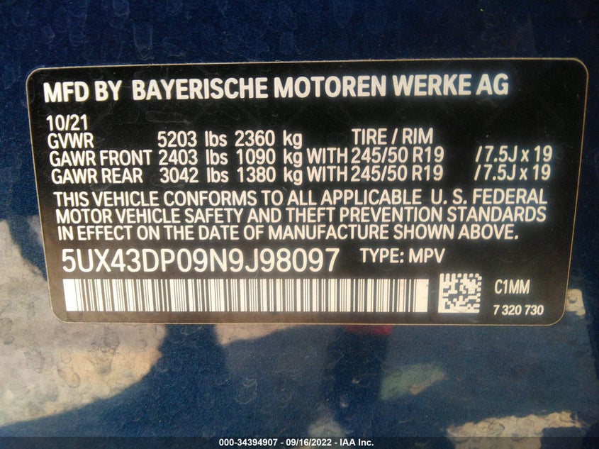 VIN: 5UX43DP09N9J98097 2022 BMW X3 SDRIVE30I