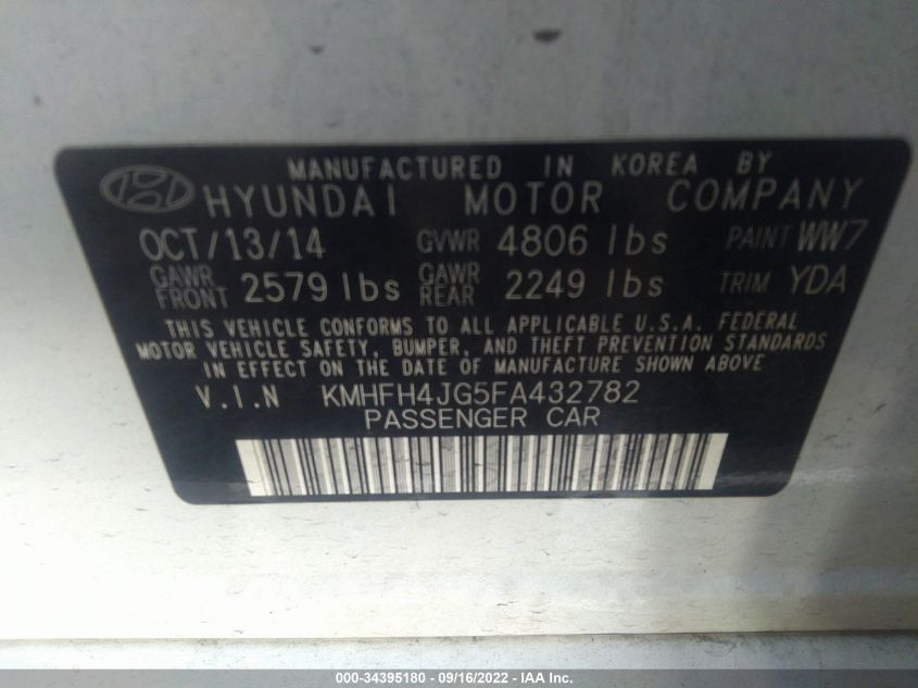 2015 HYUNDAI AZERA LIMITED KMHFH4JG5FA432782