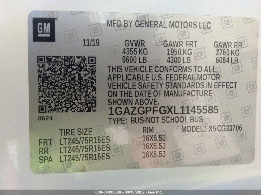 2020 CHEVROLET EXPRESS PASSENGER LT 1GAZGPFGXL1145585