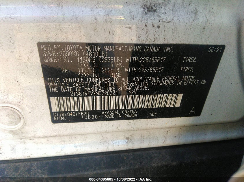 VIN 2T3G1RFVXMC220221 2021 TOYOTA RAV4 LE