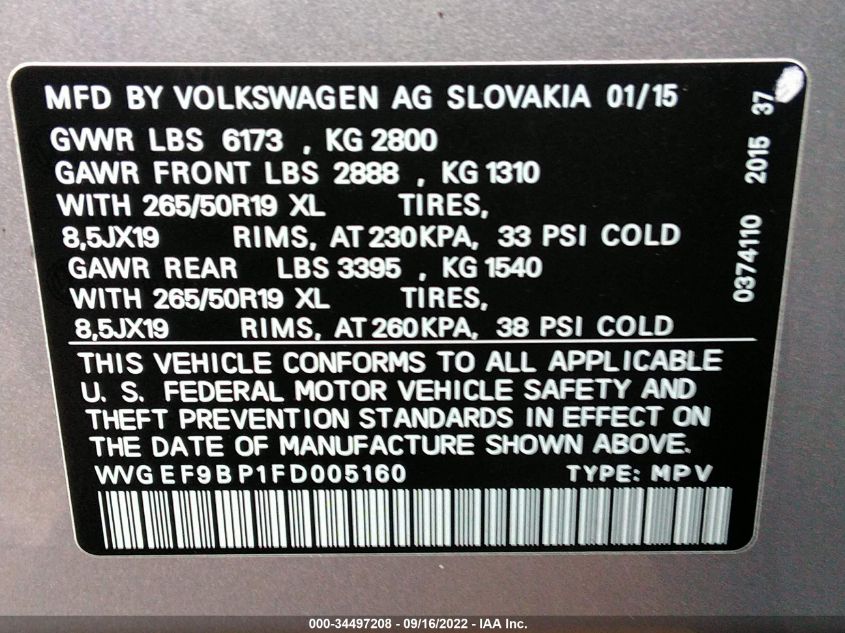2015 VOLKSWAGEN TOUAREG LUX WVGEF9BP1FD005160