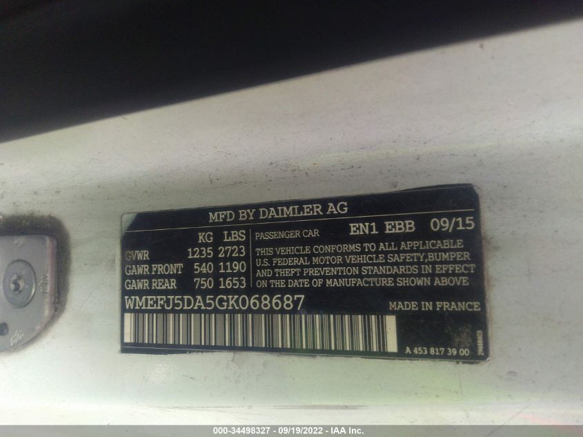 2016 SMART FORTWO PASSION/PURE/PRIME/PROXY WMEFJ5DA5GK068687