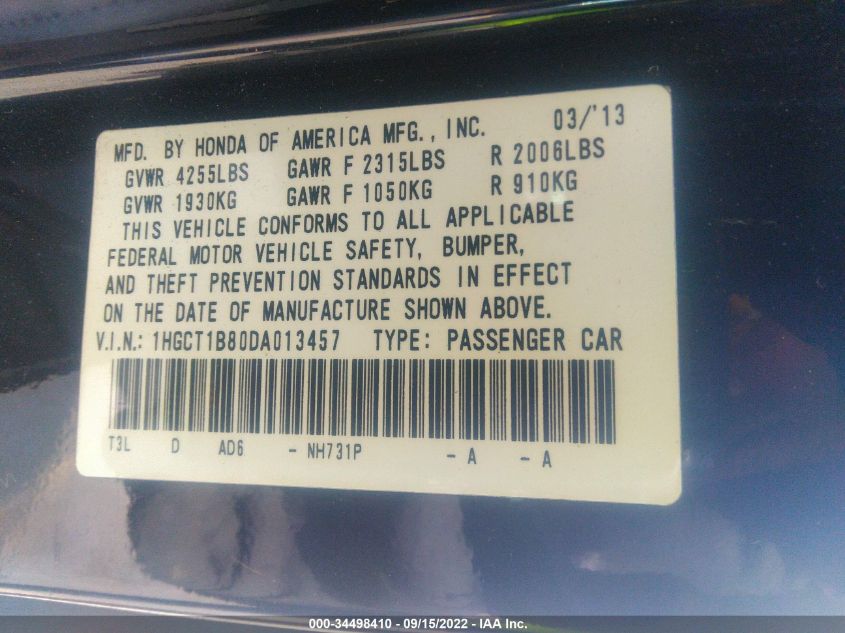 2013 HONDA ACCORD CPE EX-L 1HGCT1B80DA013457