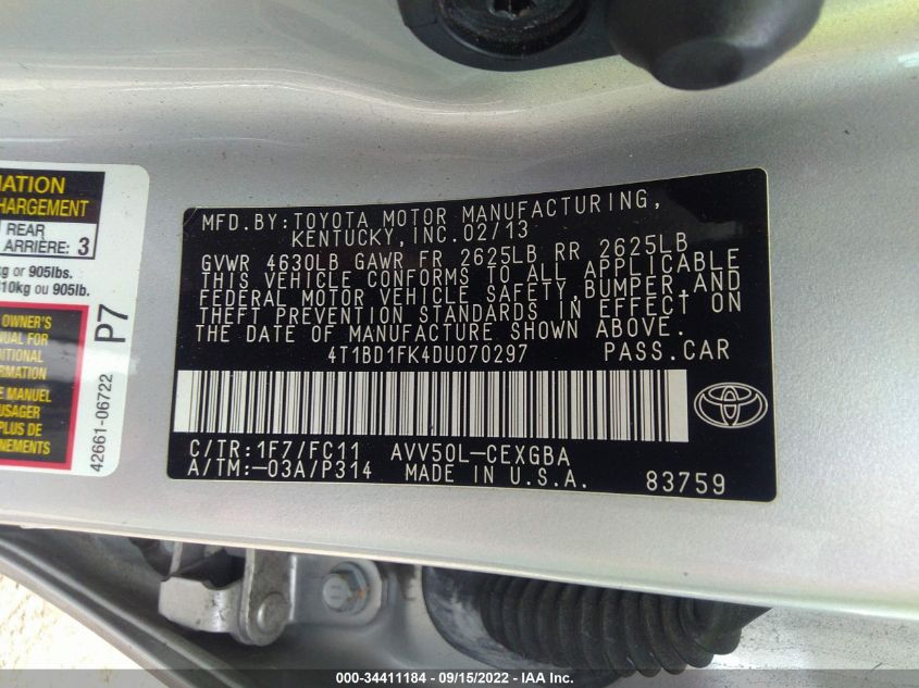 2013 TOYOTA CAMRY HYBRID XLE 4T1BD1FK4DU070297
