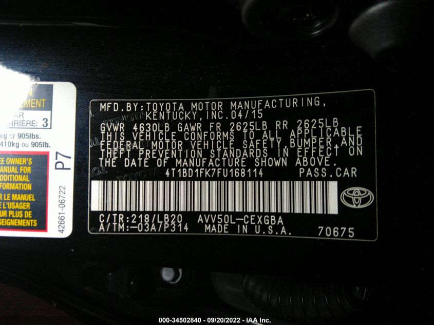 2015 TOYOTA CAMRY HYBRID XLE 4T1BD1FK7FU168114