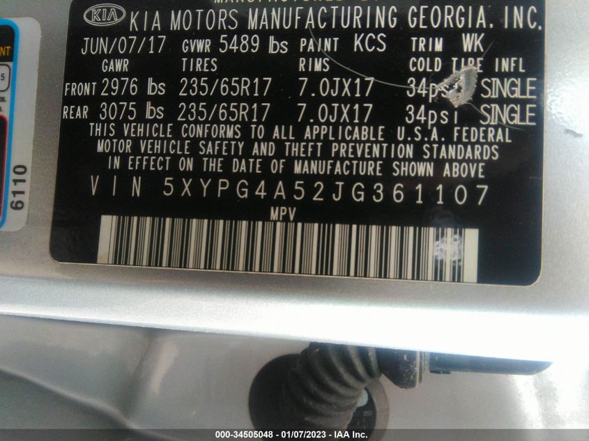 2018 KIA SORENTO LX V6 5XYPG4A52JG361107