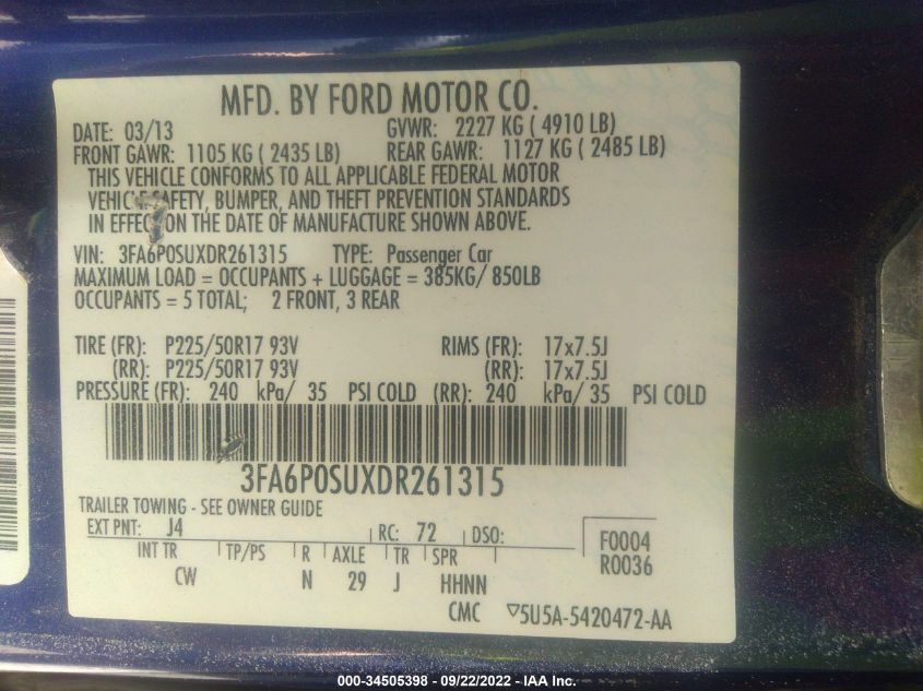 2013 FORD FUSION ENERGI TITANIUM 3FA6P0SUXDR261315