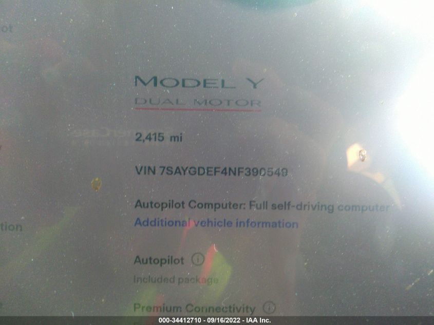 2022 TESLA MODEL Y PERFORMANCE 7SAYGDEF4NF390549