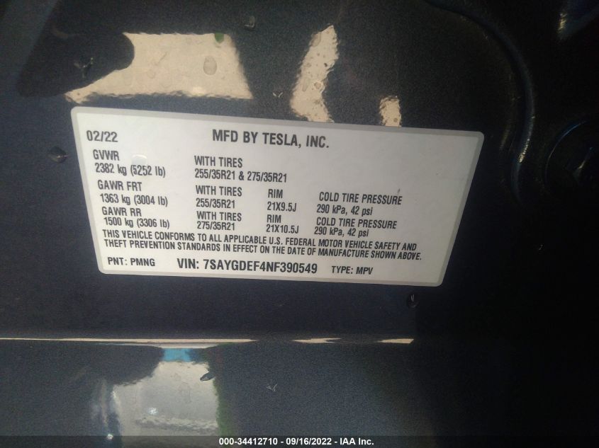 2022 TESLA MODEL Y PERFORMANCE 7SAYGDEF4NF390549