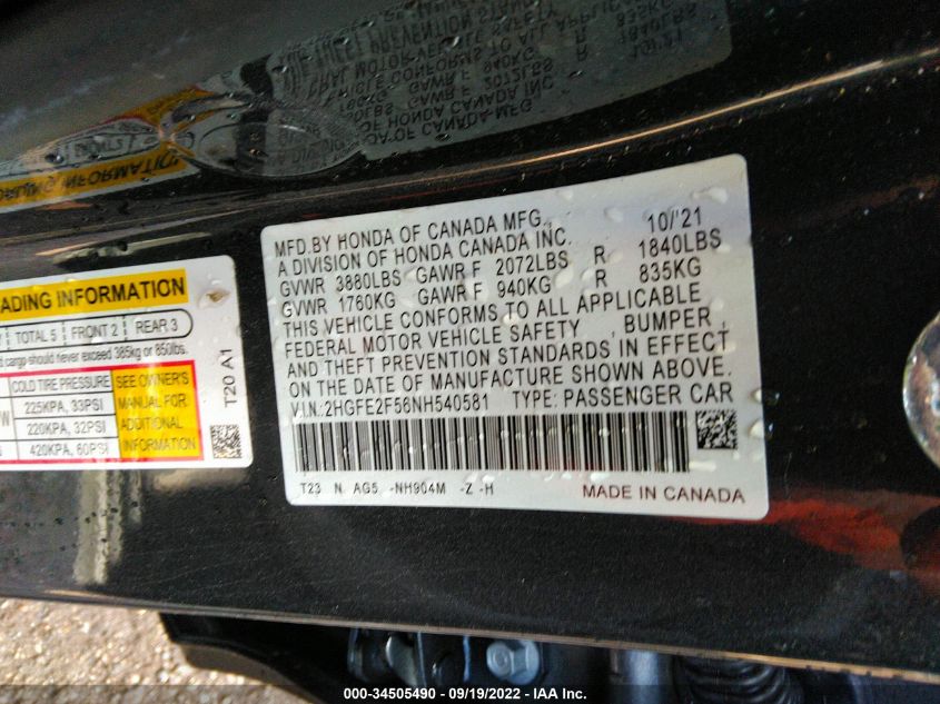 VIN 2HGFE2F56NH540581 2022 HONDA CIVIC SEDAN no.9