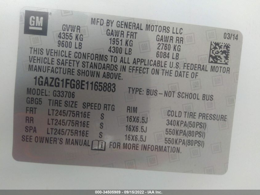 2014 CHEVROLET EXPRESS PASSENGER LT 1GAZG1FG8E1165883