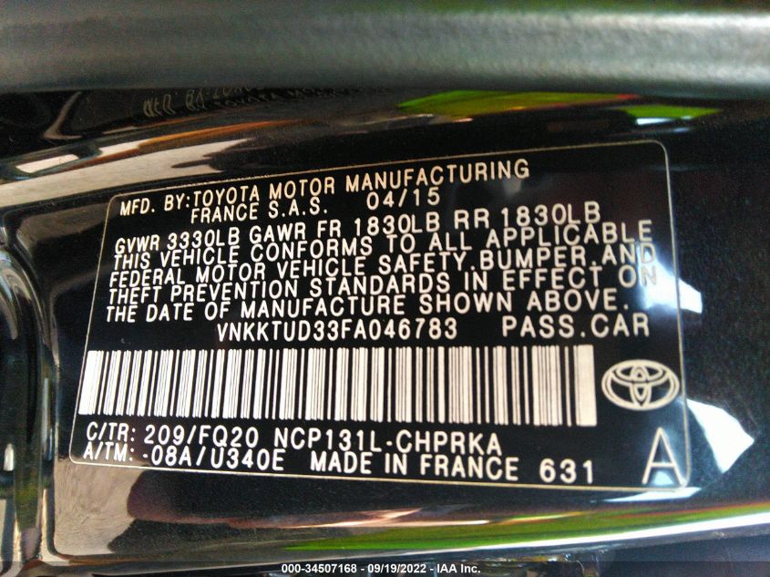 2015 TOYOTA YARIS L/SE/LE VNKKTUD33FA046783
