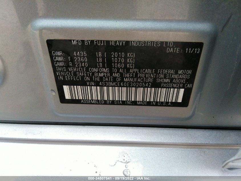 2014 SUBARU LEGACY 2.5I PREMIUM 4S3BMCE60E3020542