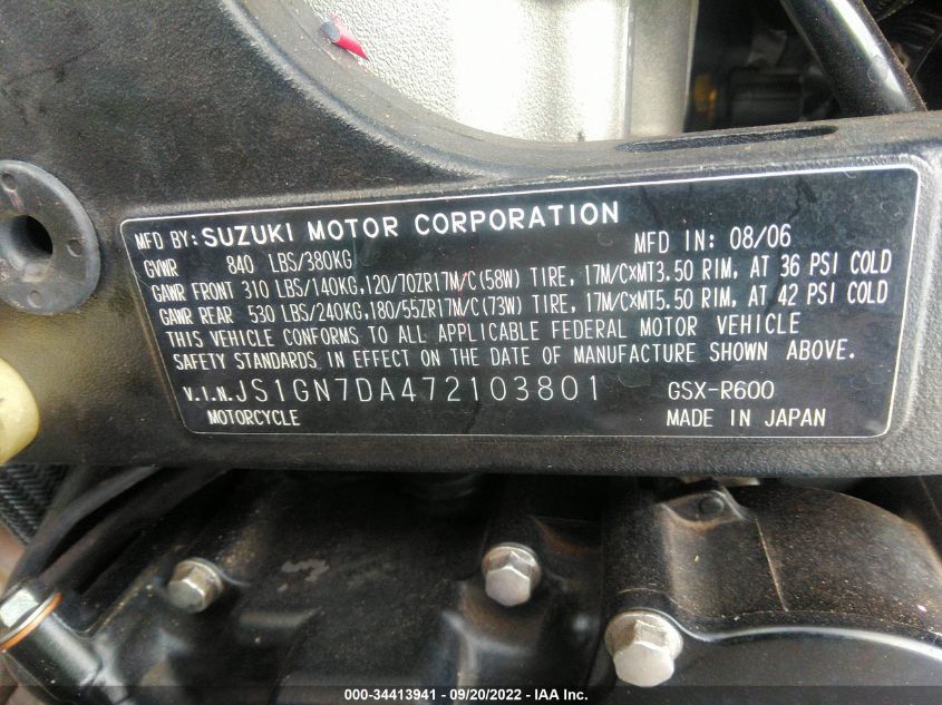 2007 SUZUKI GSX-R600 - JS1GN7DA472103801