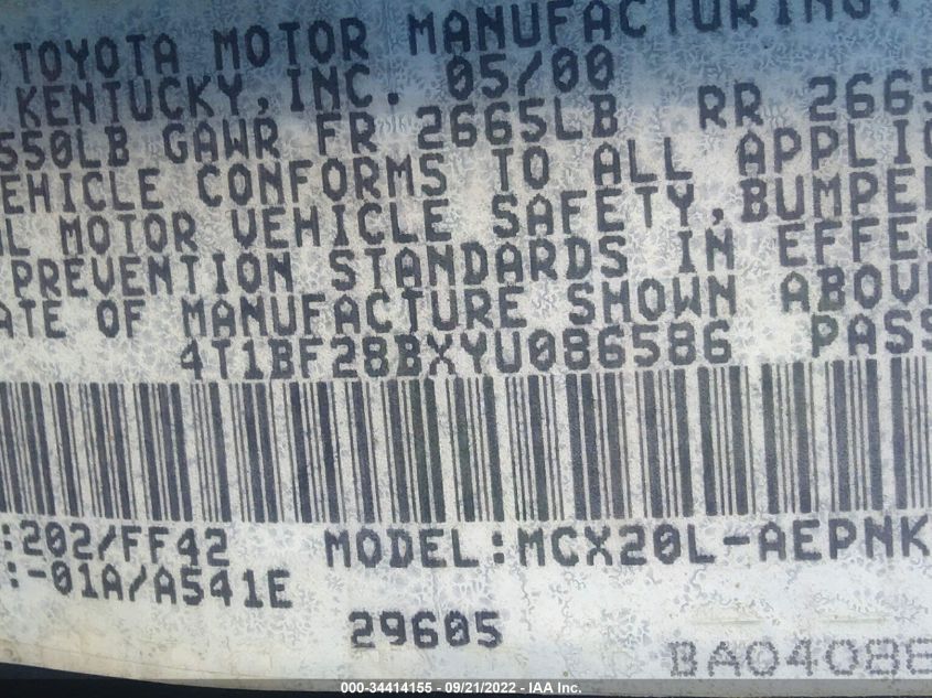 4T1BF28BXYU086586 | 2000 TOYOTA AVALON