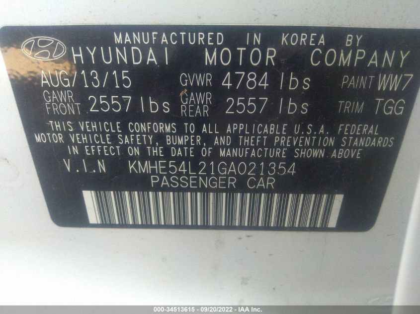 2016 HYUNDAI SONATA PLUG-IN HYBRID LIMITED KMHE54L21GA021354