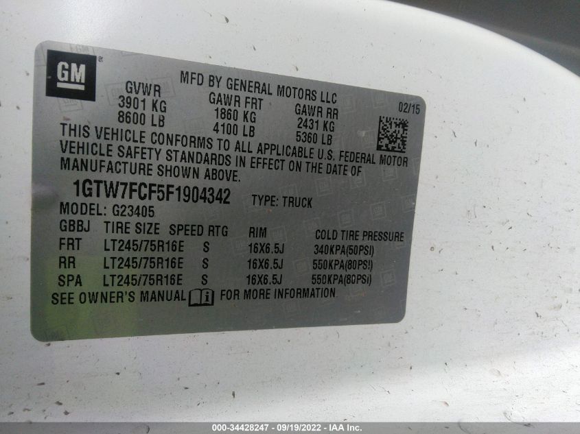 2015 GMC SAVANA CARGO VAN 1GTW7FCF5F1904342