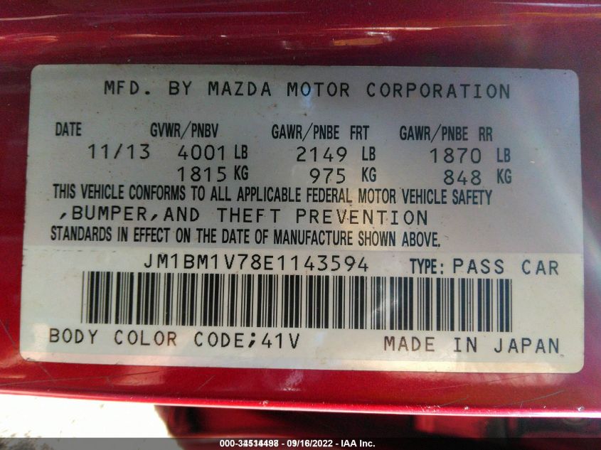 2014 MAZDA MAZDA3 I TOURING JM1BM1V78E1143594