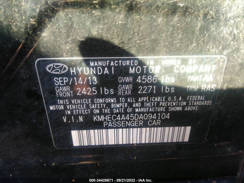 2013 HYUNDAI SONATA HYBRID LIMITED KMHEC4A45DA094104
