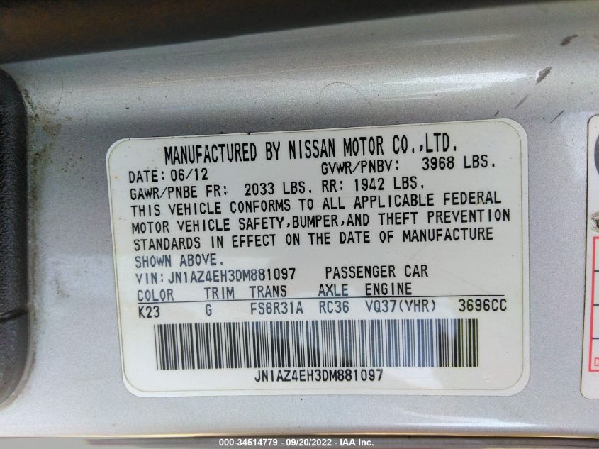 2013 NISSAN 370Z TOURING JN1AZ4EH3DM881097