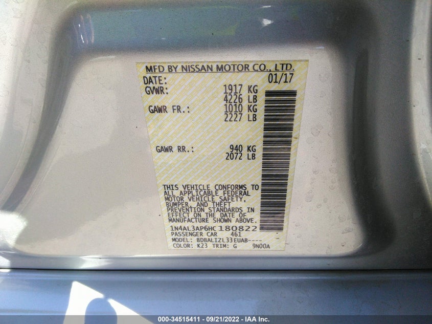 VIN 1N4AL3AP6HC180822 2017 NISSAN ALTIMA 2.5 SV