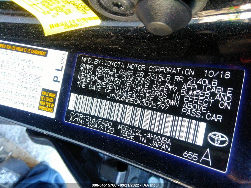 2019 TOYOTA COROLLA HATCHBACK SE/XSE JTNK4RBE0K3026797