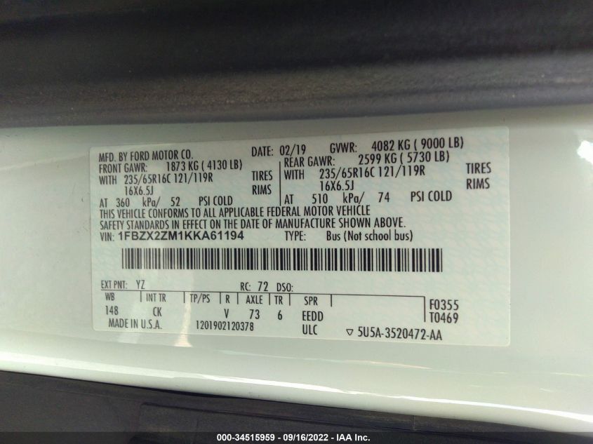2019 FORD TRANSIT PASSENGER WAGON XL/XLT 1FBZX2ZM1KKA61194