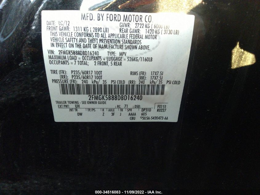 2013 FORD FLEX SE 2FMGK5B88DBD16240