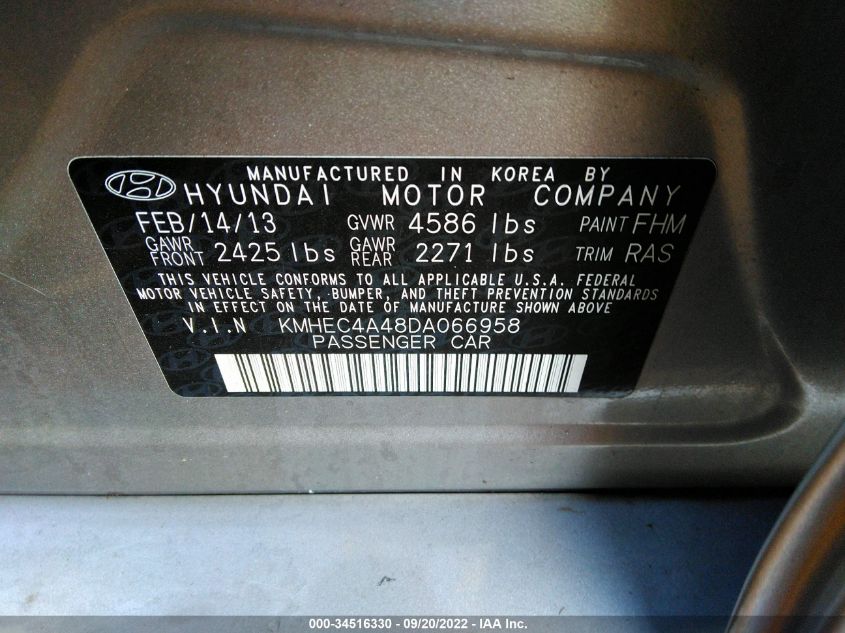 2013 HYUNDAI SONATA HYBRID KMHEC4A48DA066958