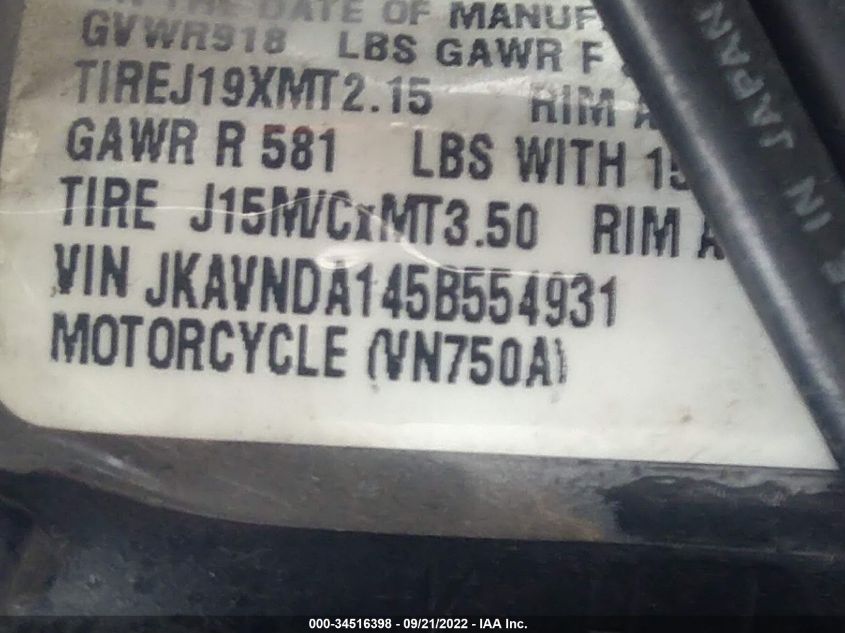 2005 KAWASAKI VN750 JKAVNDA145B554931