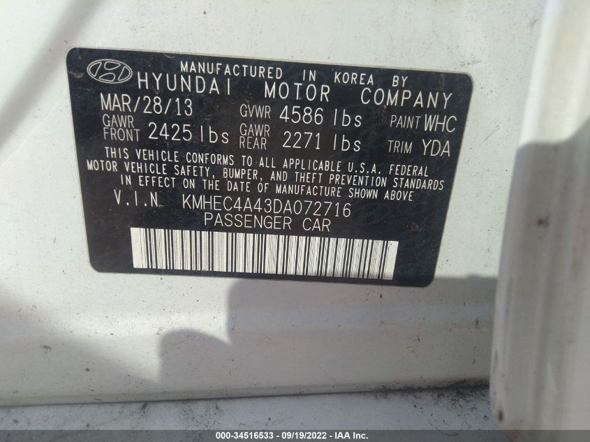 2013 HYUNDAI SONATA HYBRID LIMITED KMHEC4A43DA072716