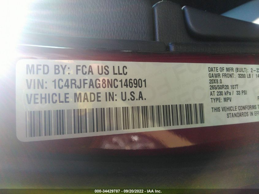 2022 JEEP GRAND CHEROKEE WK LAREDO X 1C4RJFAG8NC146901